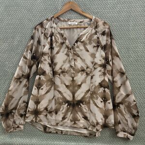 Calvin Klein Tie-Dye Chiffon Button Front Blouse Brown Beige White V-Neck M